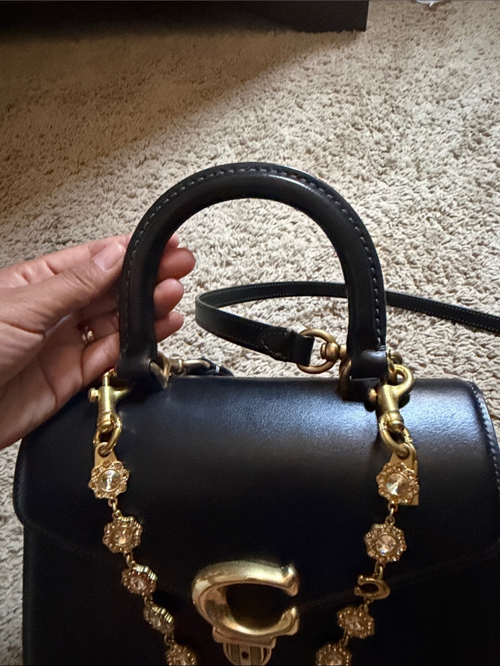Coach Black Leather Top-Handle Satchel with Signature C - Picture 8 of 16
